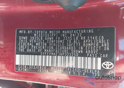 2022 Toyota Corolla Le z USA, uszkodzony, nr VIN 5YFEPMAE3NP323250